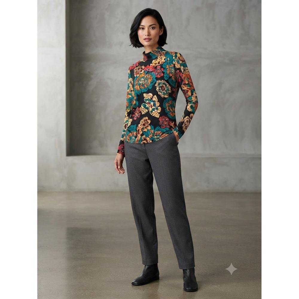 IMAN Floral Mock Neck Long Sleeve Vibrant Boho Print Top 1X
